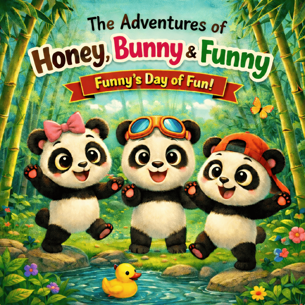 Book cover: The Adventures of Honey, Bunny and Funny - Funny's Day of Fun, showing the three panda siblings on an exciting adventure